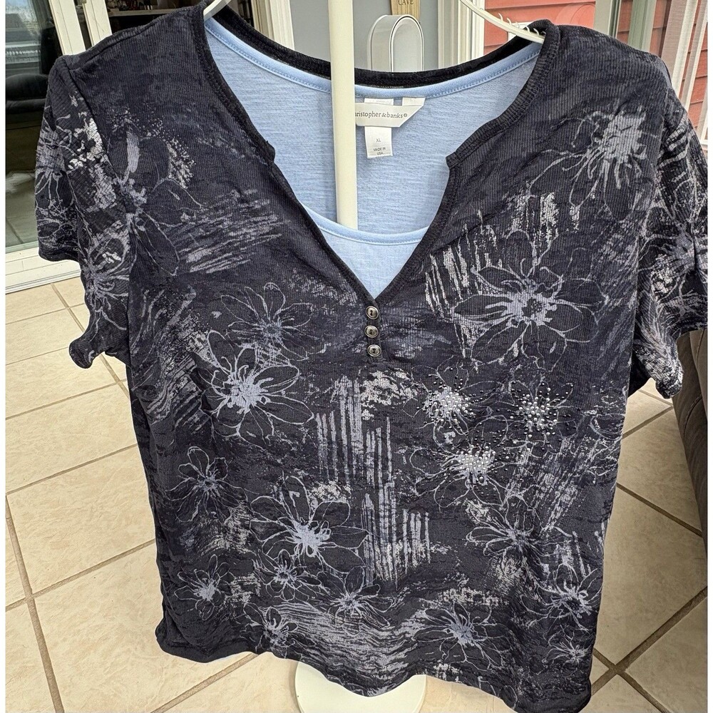 Christopher & Banks Navy Floral Layered Short Sleeve Shirt XL
